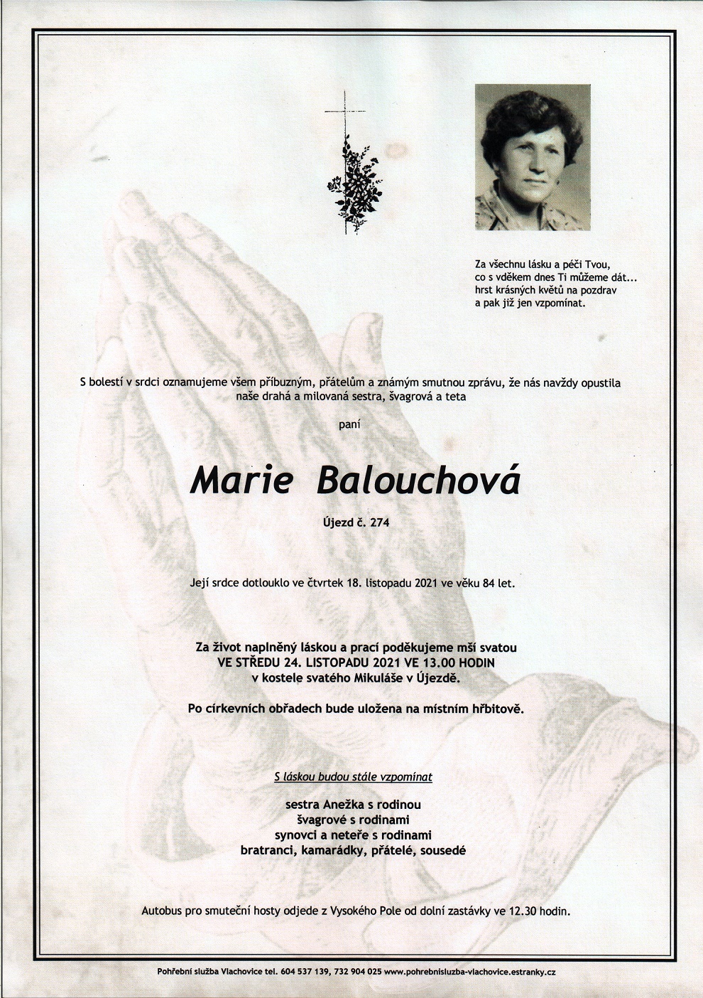 Smuteční oznámení – Marie Balouchová