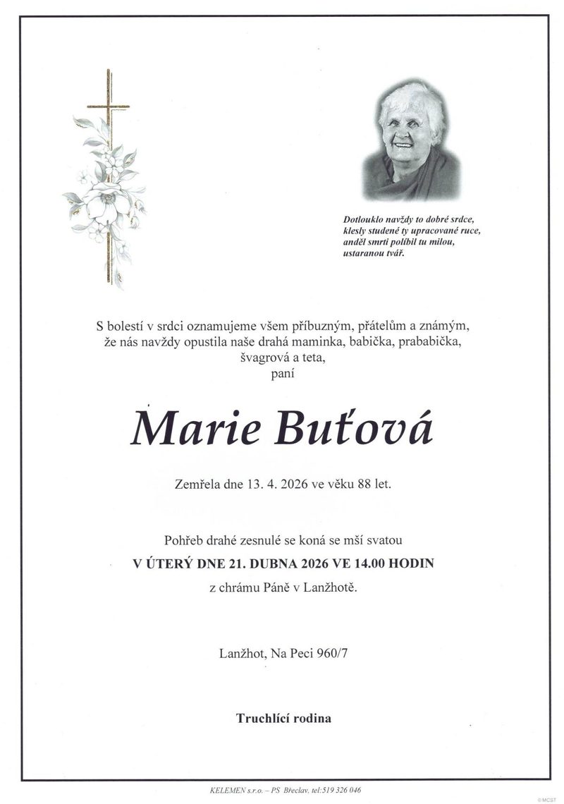 Smuteční oznámení – Marie Buťová
