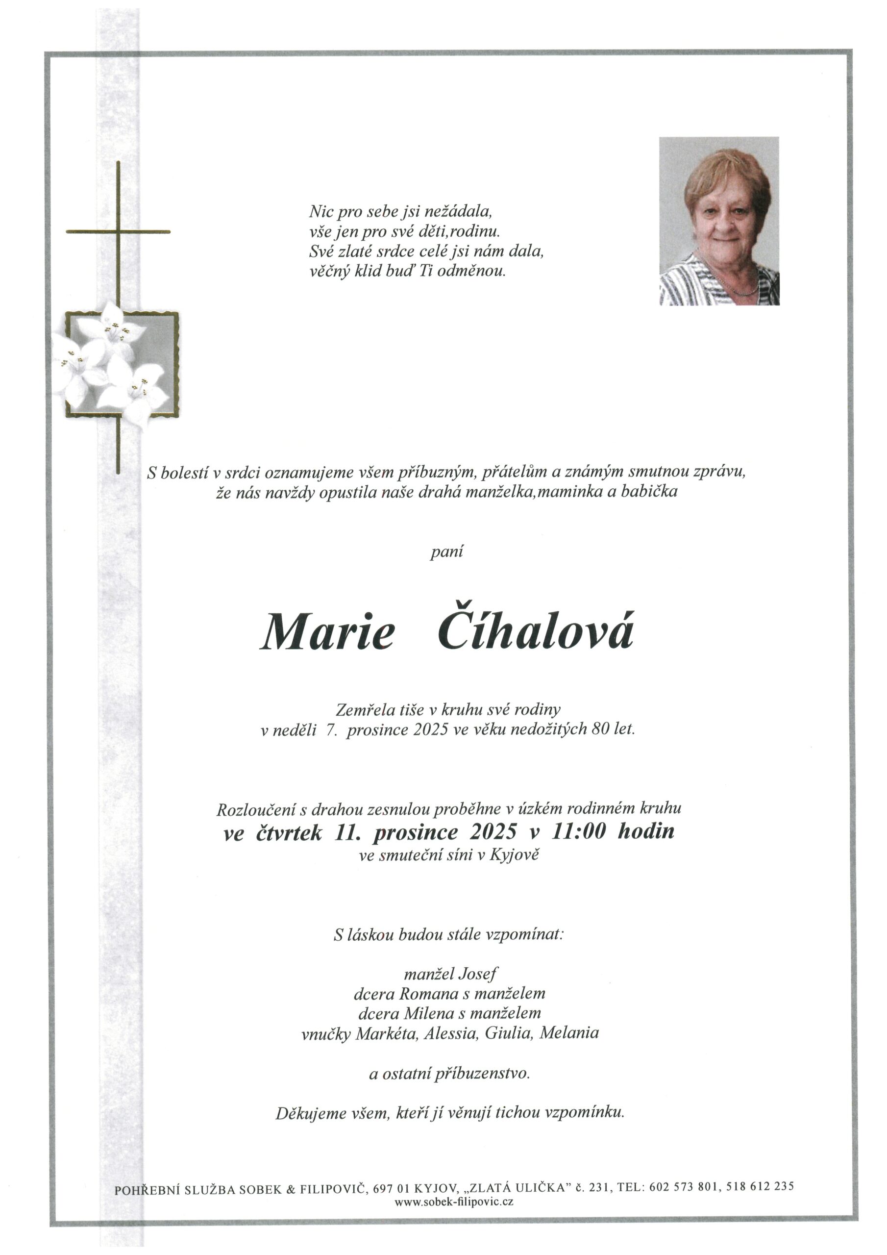 Smuteční oznámení – Marie Cihalová