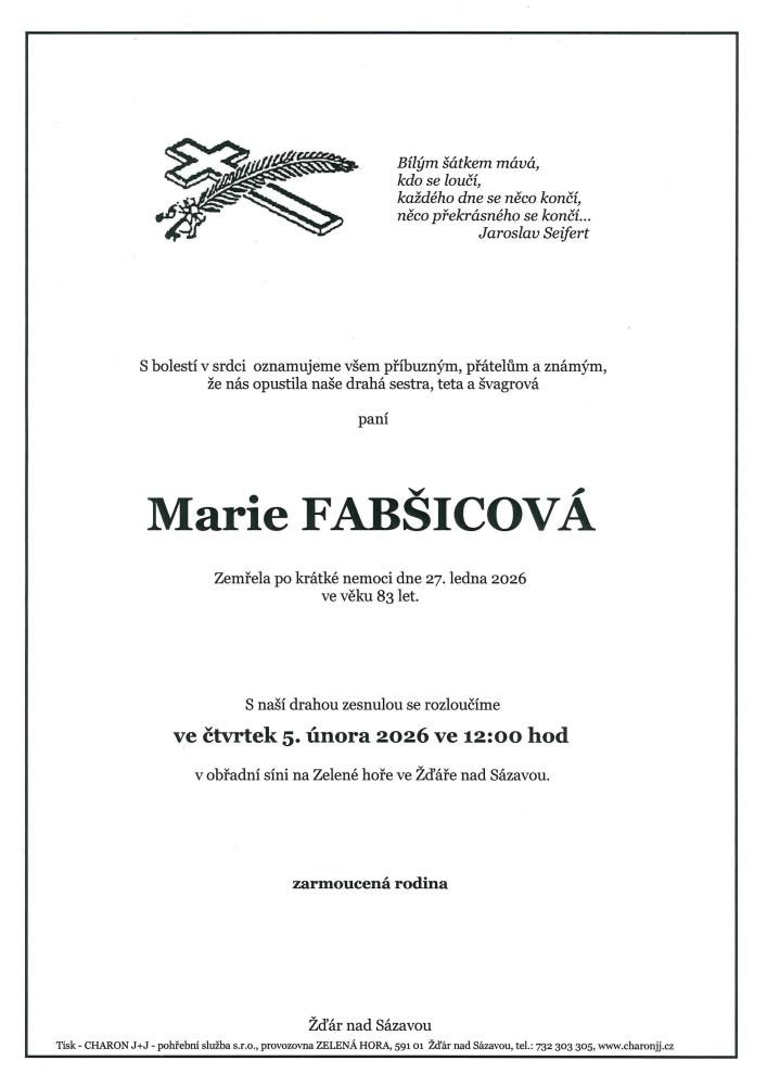 Smuteční oznámení – Marie Fabšicová
