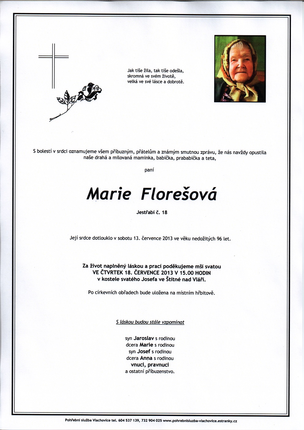 Smuteční oznámení – Marie Florešová