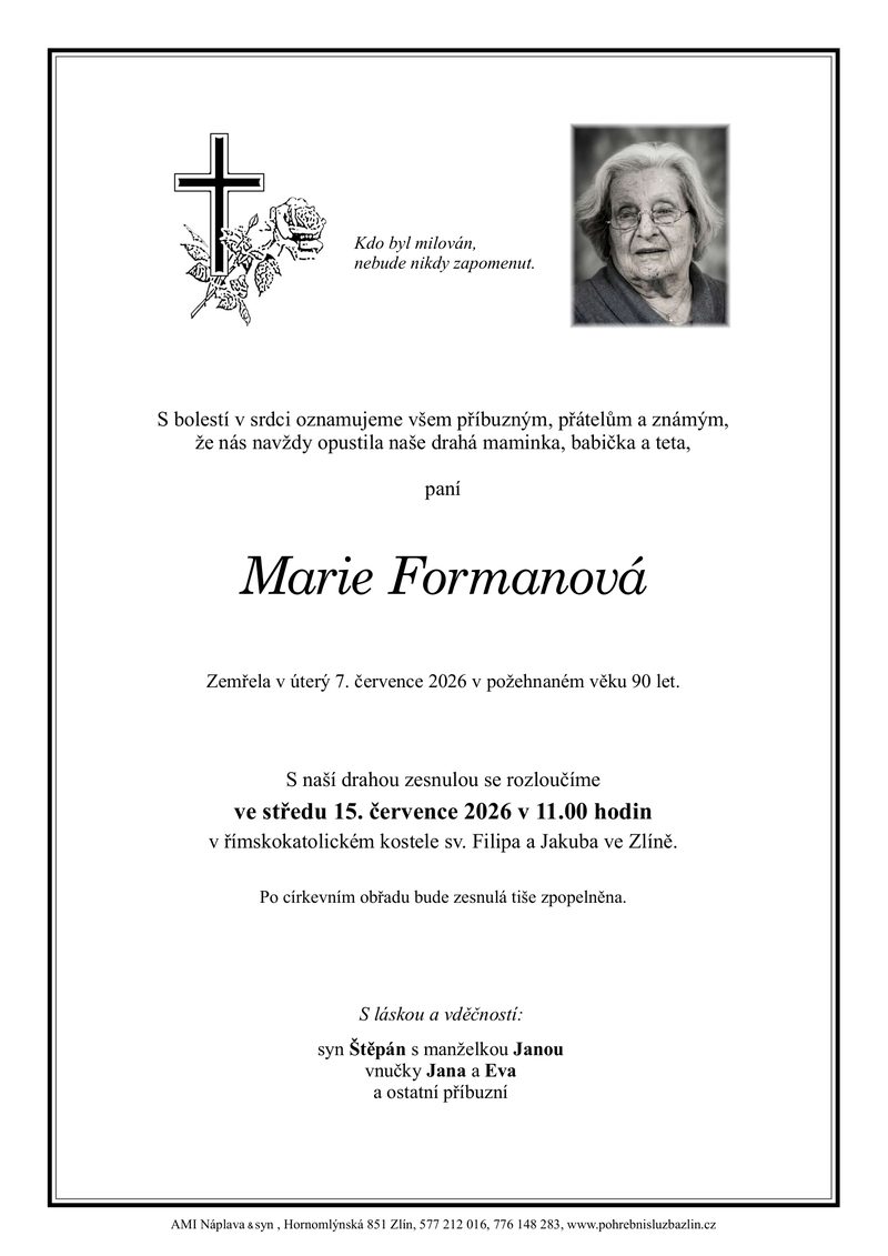 Smuteční oznámení – Marie Formanová