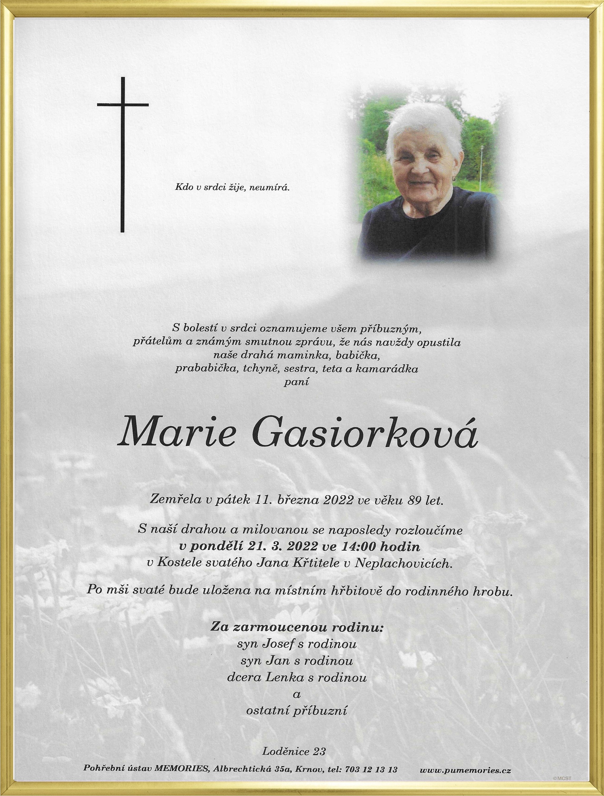 Smuteční oznámení – Marie Gasiorková