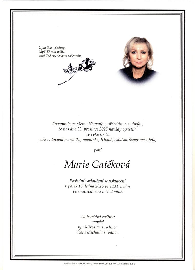 Smuteční oznámení – Marie Gatekova