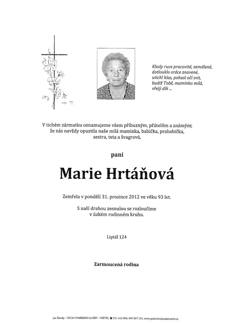 Smuteční oznámení – Marie Hrtáňová