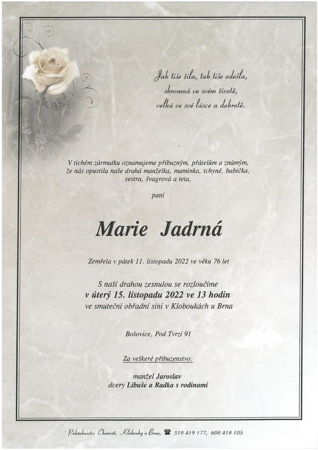 Smuteční oznámení – Marie Jadrná
