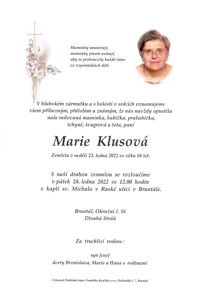 Smuteční oznámení – Marie Klusová