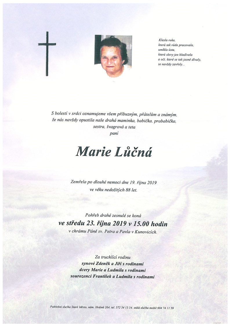 Smuteční oznámení – Marie Lůčná