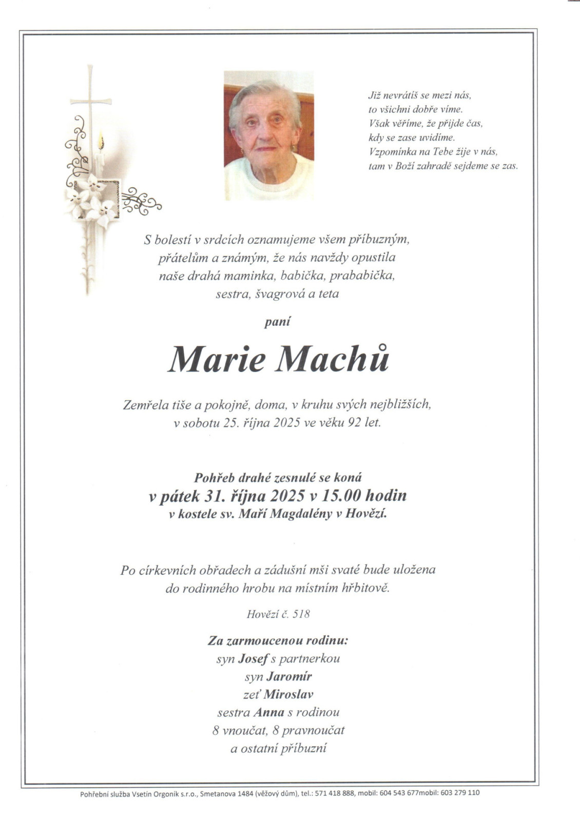 Smuteční oznámení – Marie Machů