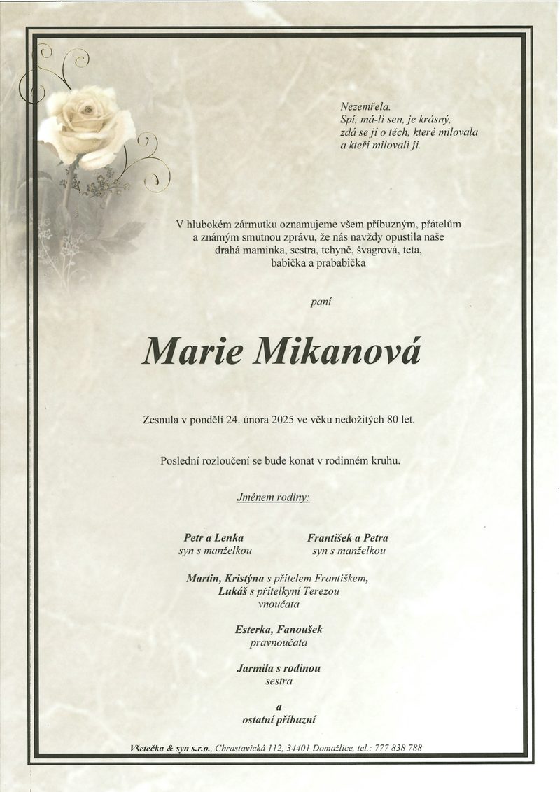 Smuteční oznámení – Marie Mikanová