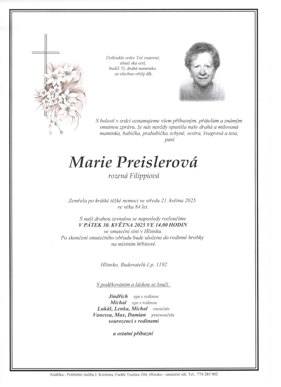 Smuteční oznámení – Marie Preislerová