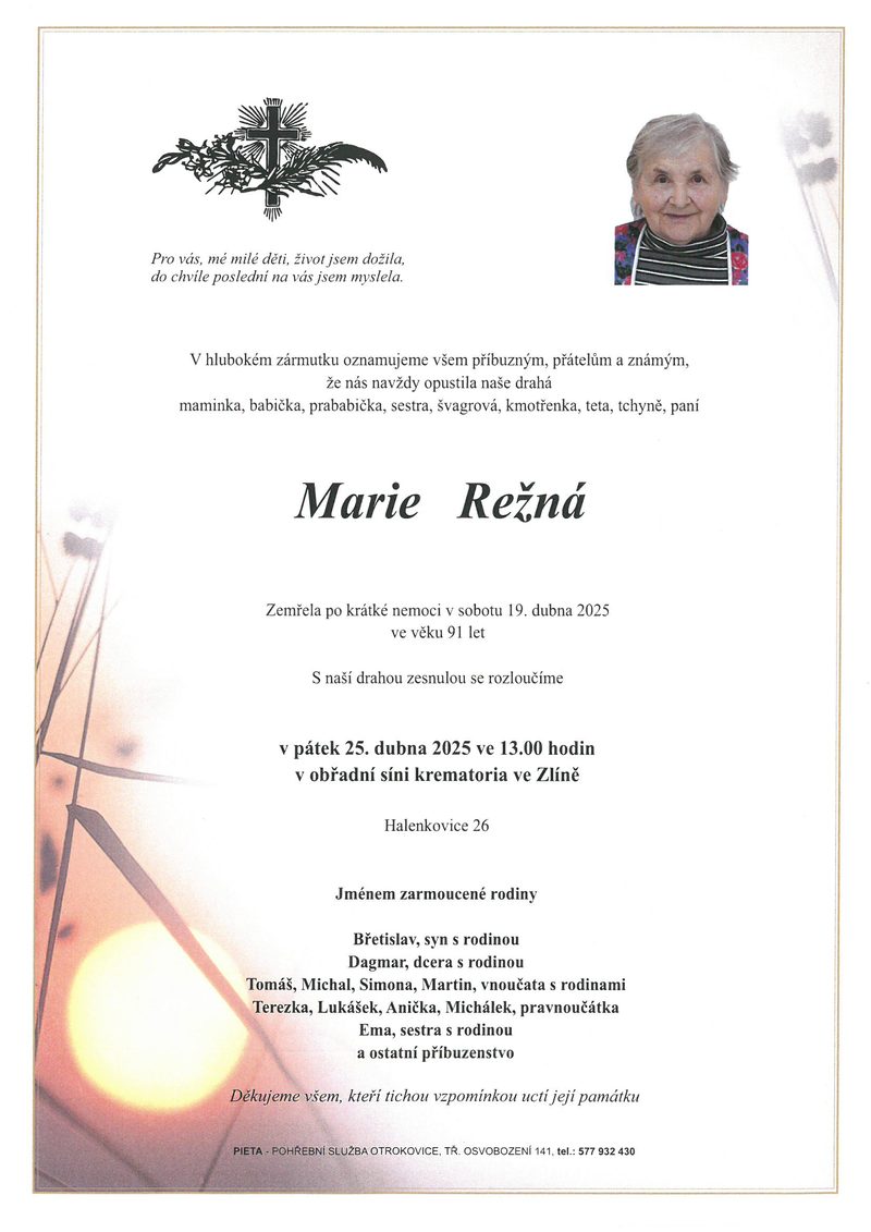 Smuteční oznámení – Marie Režná
