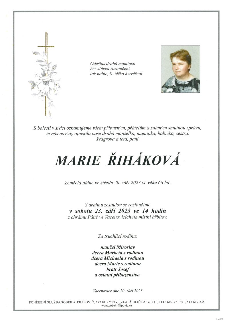 Smuteční oznámení – Marie Řiháková