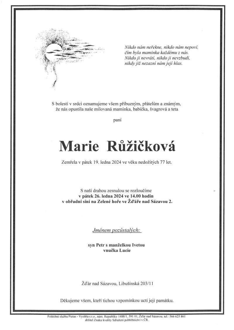 Smuteční oznámení – Marie Růžičková