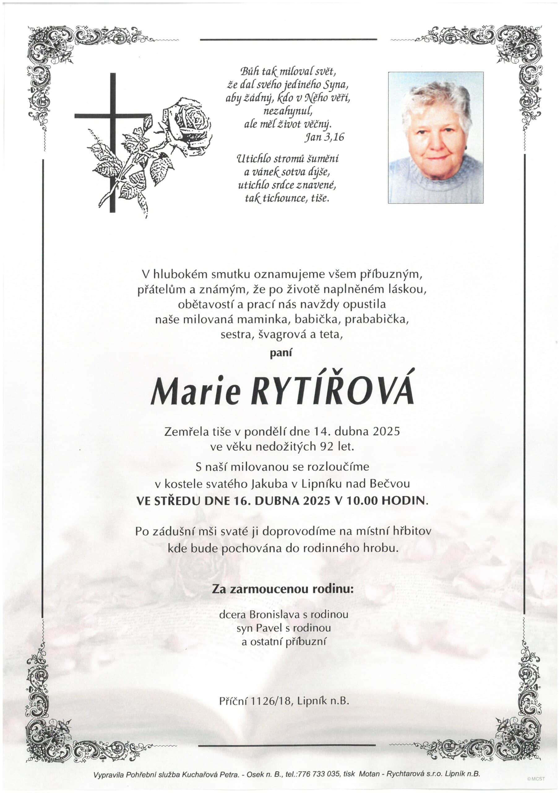Smuteční oznámení – Marie Rytířová