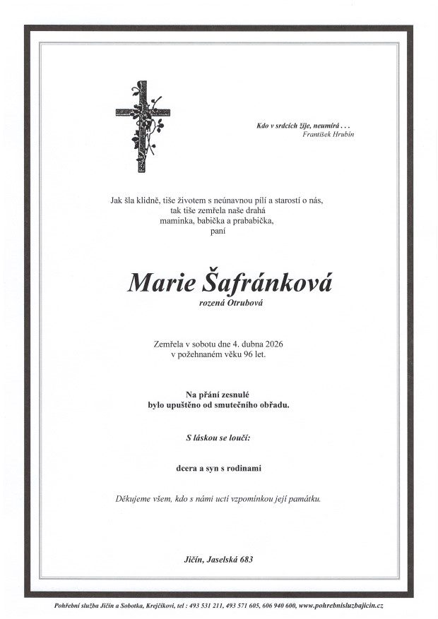Smuteční oznámení – Marie Safránková