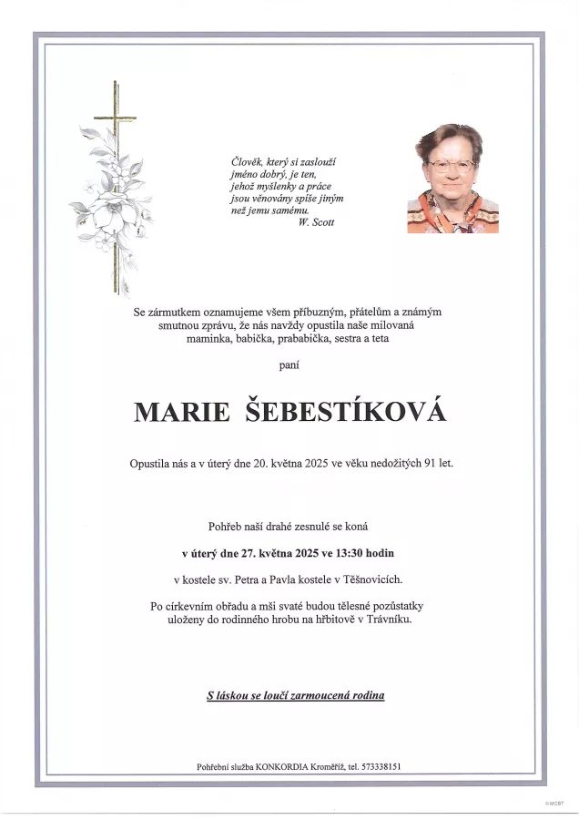 Smuteční oznámení – Marie Sebestikova