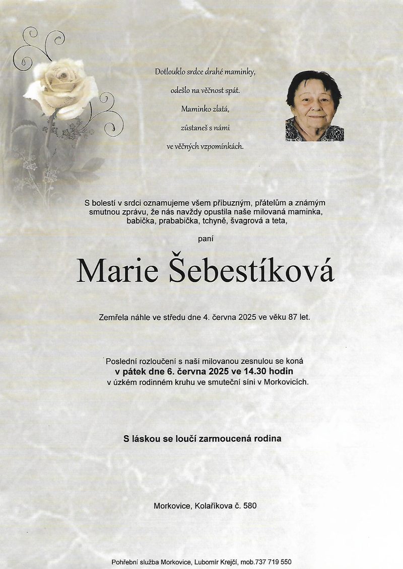 Smuteční oznámení – Marie Šebestíková