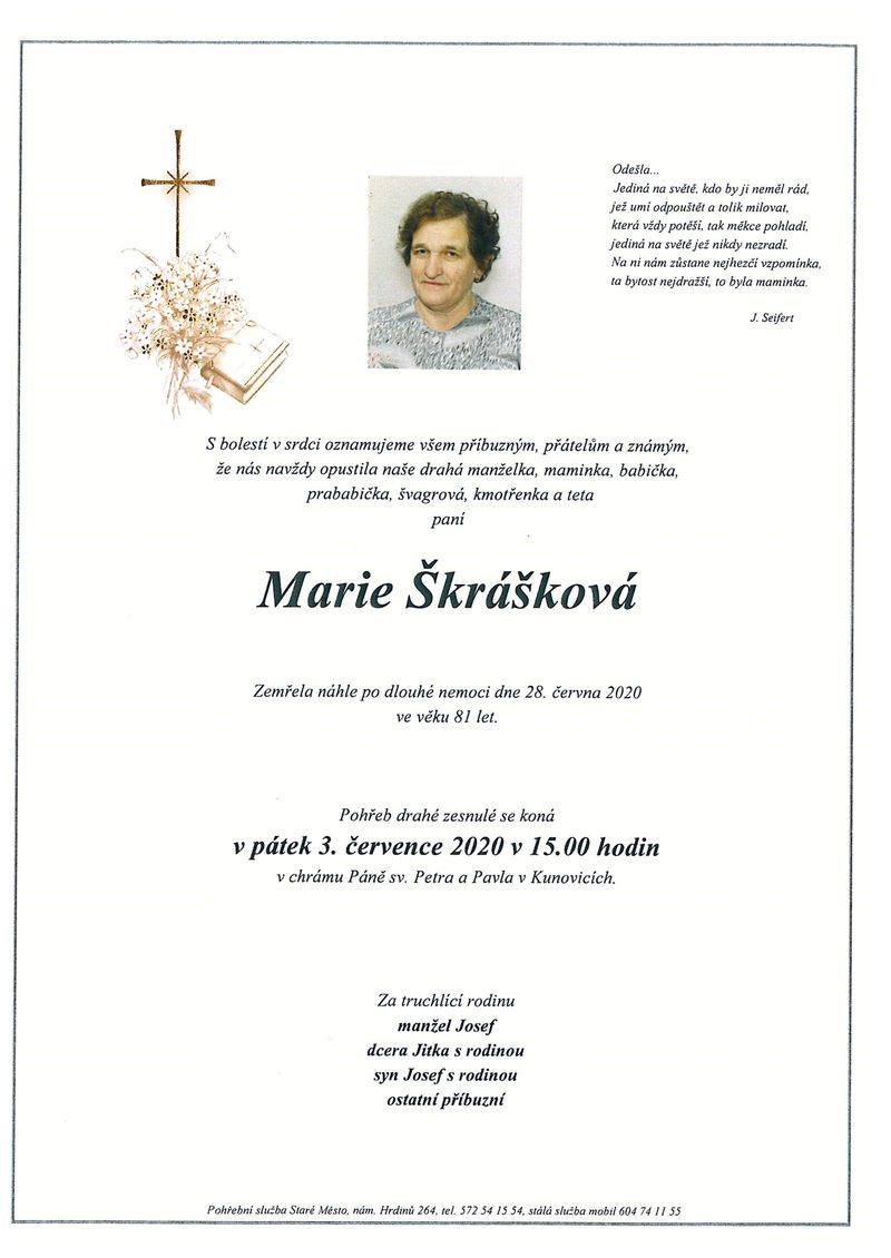 Smuteční oznámení – Marie Skrášková