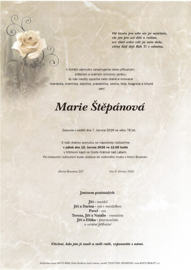 Smuteční oznámení – Marie Štěpánová