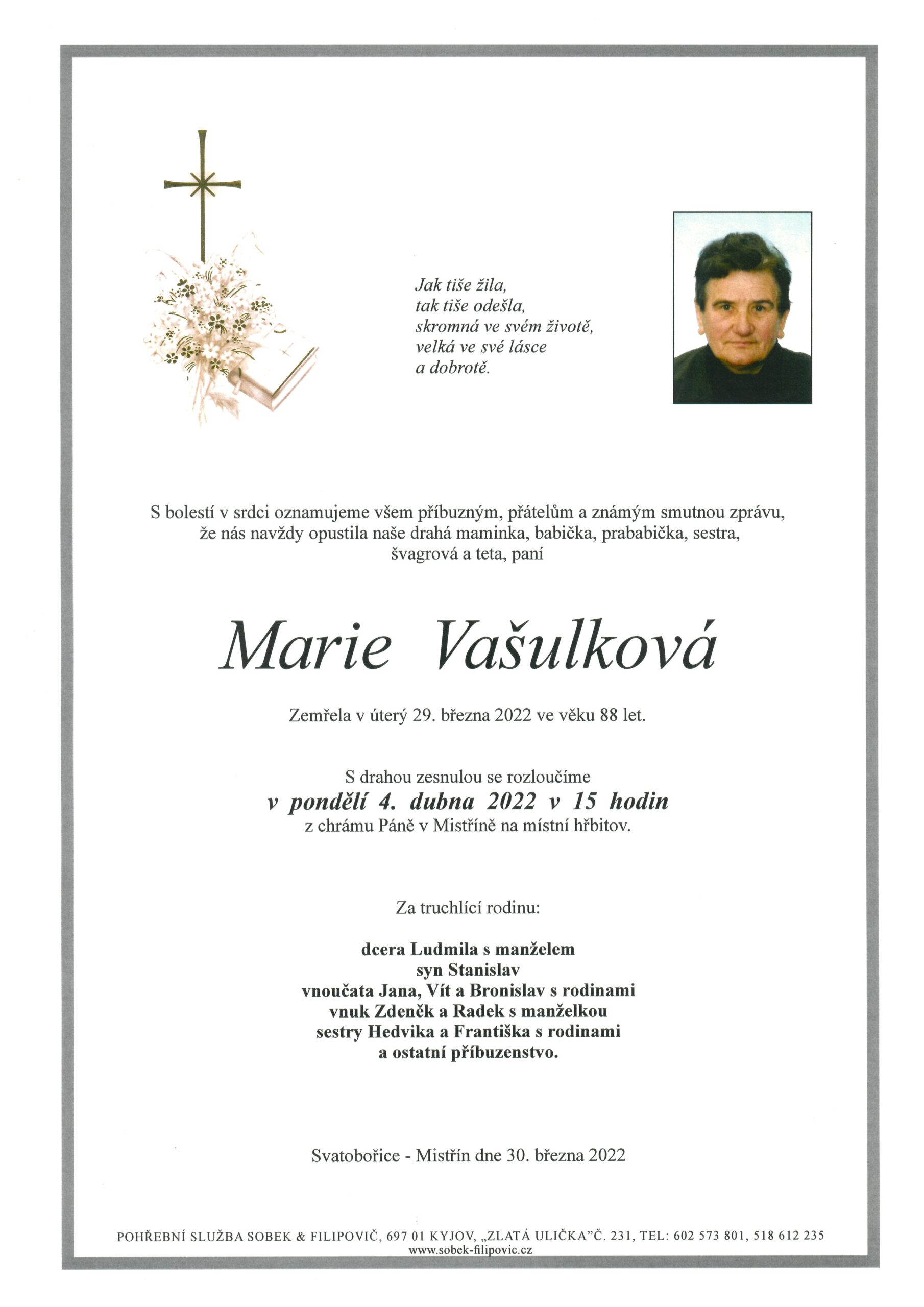 Smuteční oznámení – Marie Vašulková
