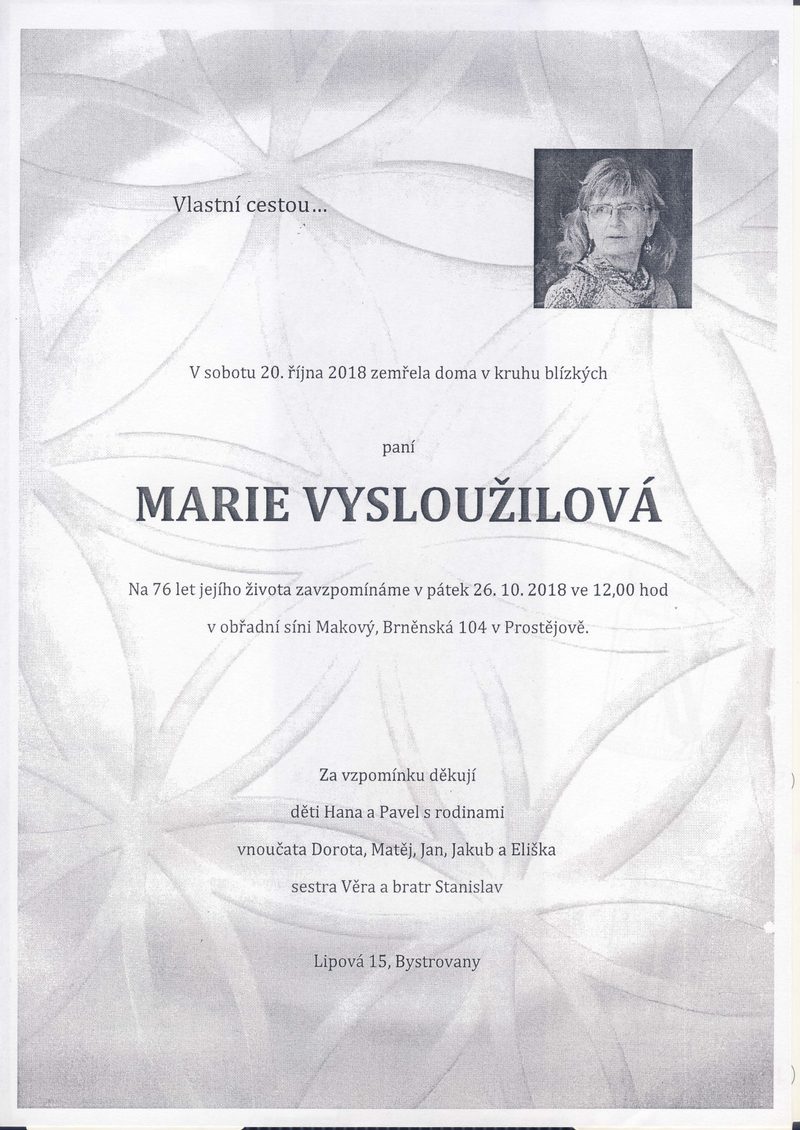 Smuteční oznámení – Marie Vyslouzilova