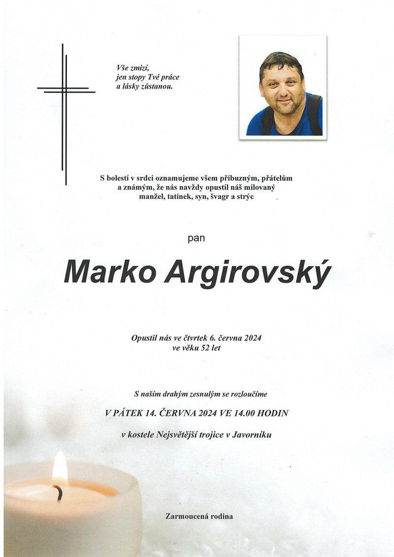 Smuteční oznámení – Marko Argirovský