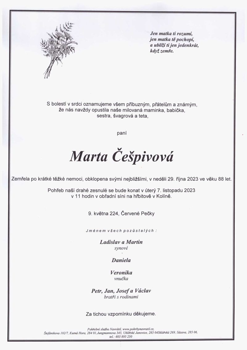Smuteční oznámení – Marta Cešpivová