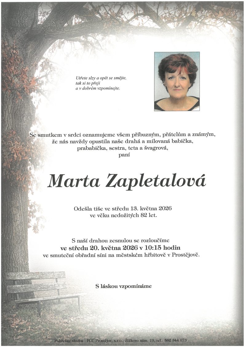 Smuteční oznámení – Marta Zapletalová