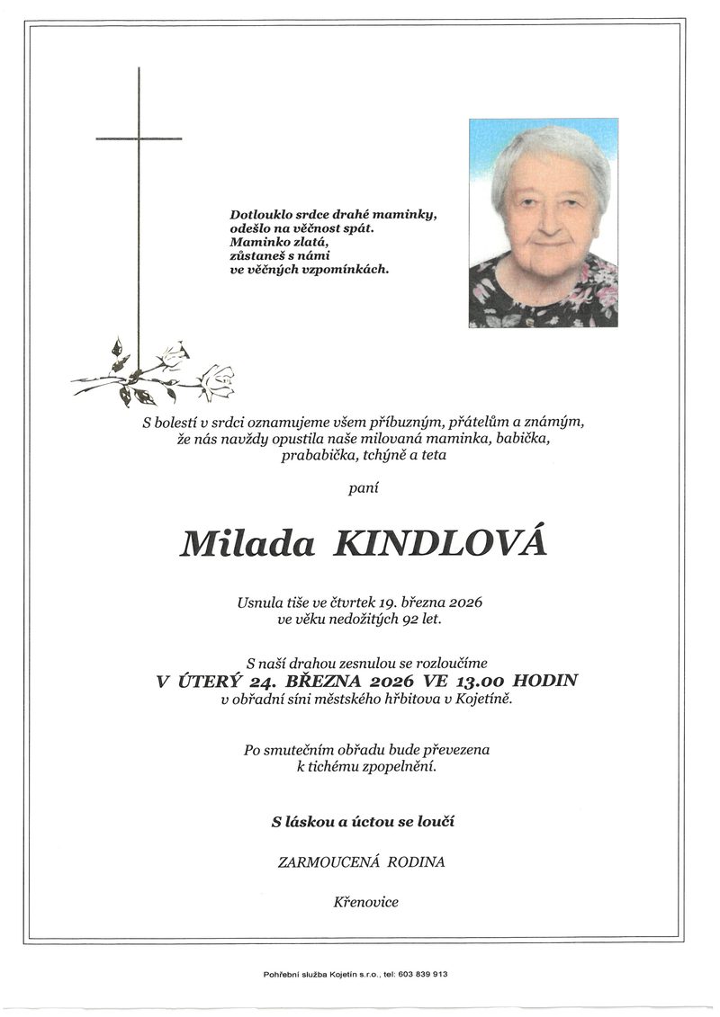 Smuteční oznámení – Milada Kindlová