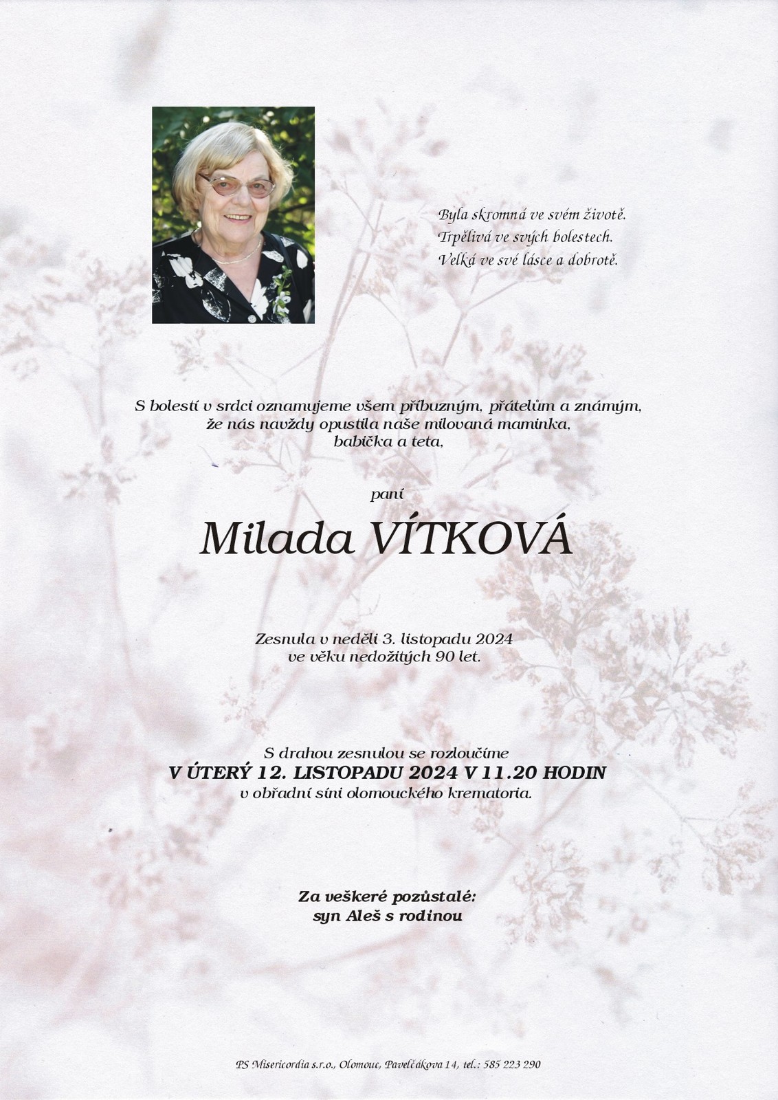 Smuteční oznámení – Milada Vítková