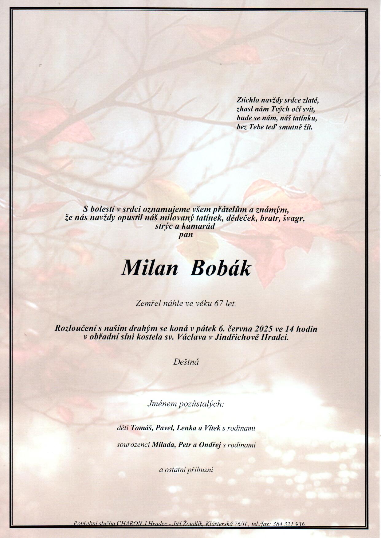 Smuteční oznámení – Milan Bobák