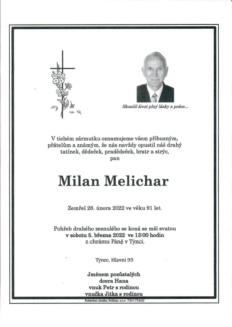Smuteční oznámení – Milan Melichar
