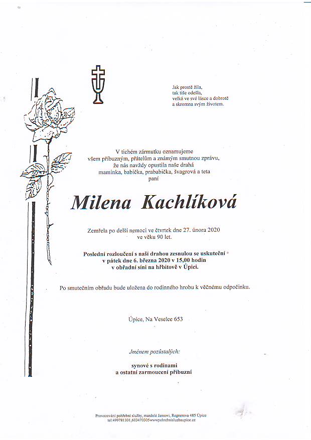 Smuteční oznámení – Milena Kachlíková