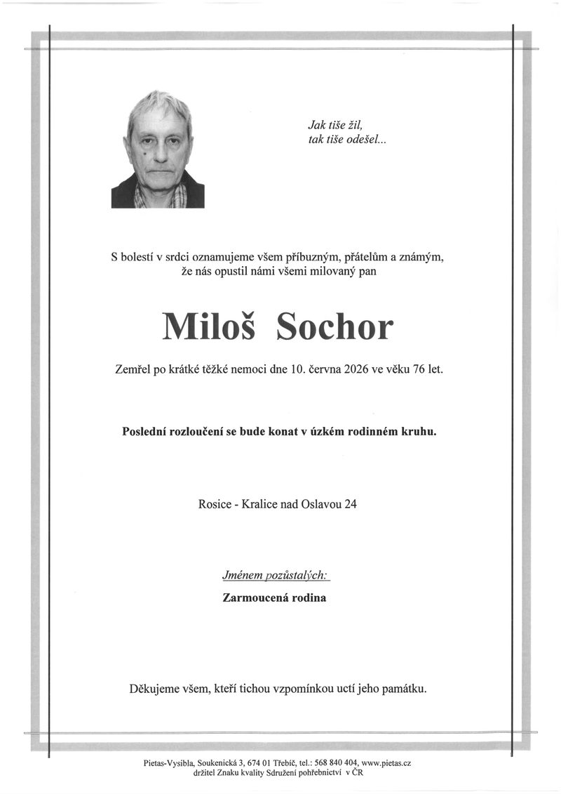 Smuteční oznámení – Miloš Sochor