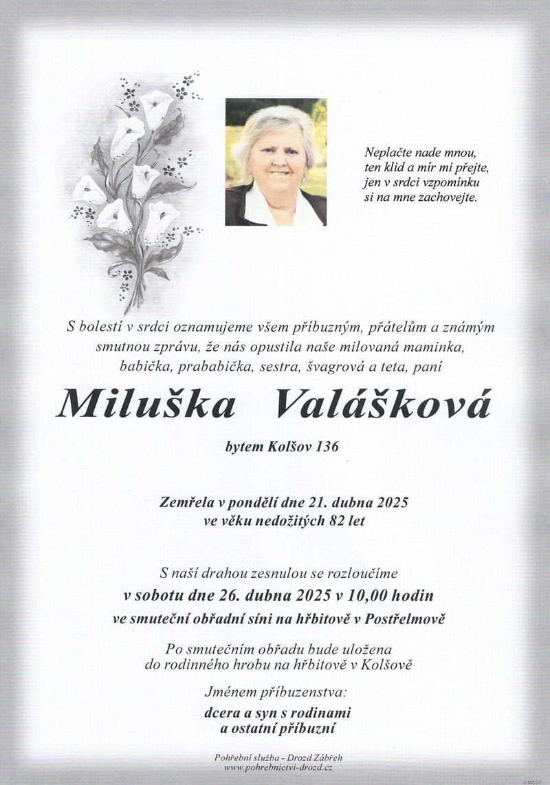 Smuteční oznámení – Miluška Valášková