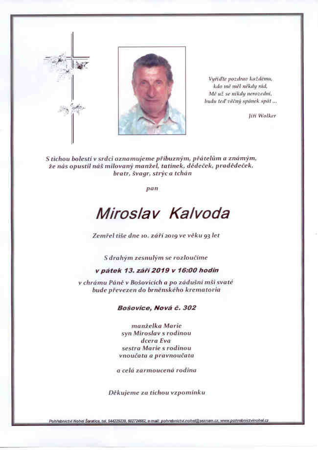 Smuteční oznámení – Miroslav Kalvoda