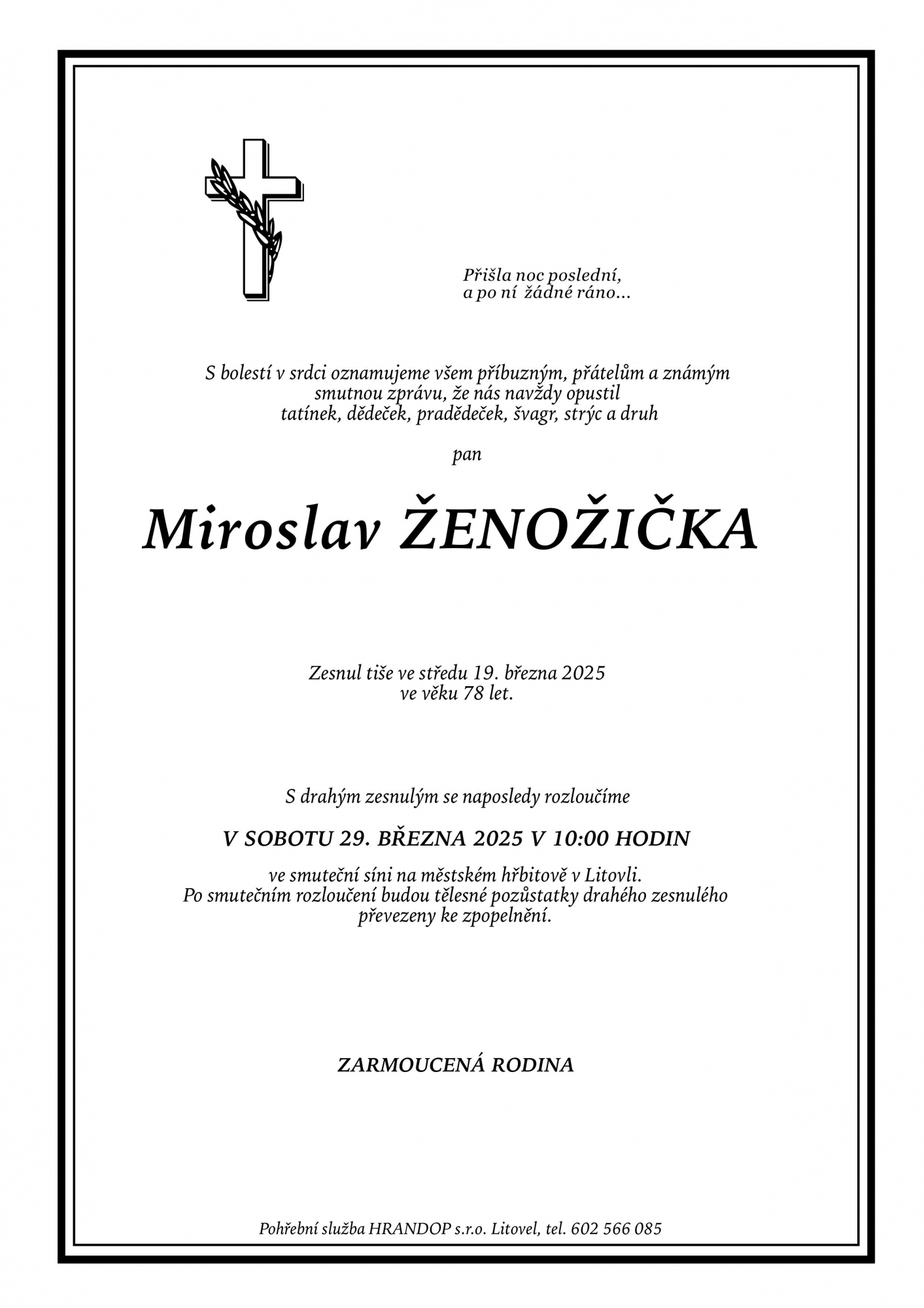 Smuteční oznámení – Miroslav Ženožička