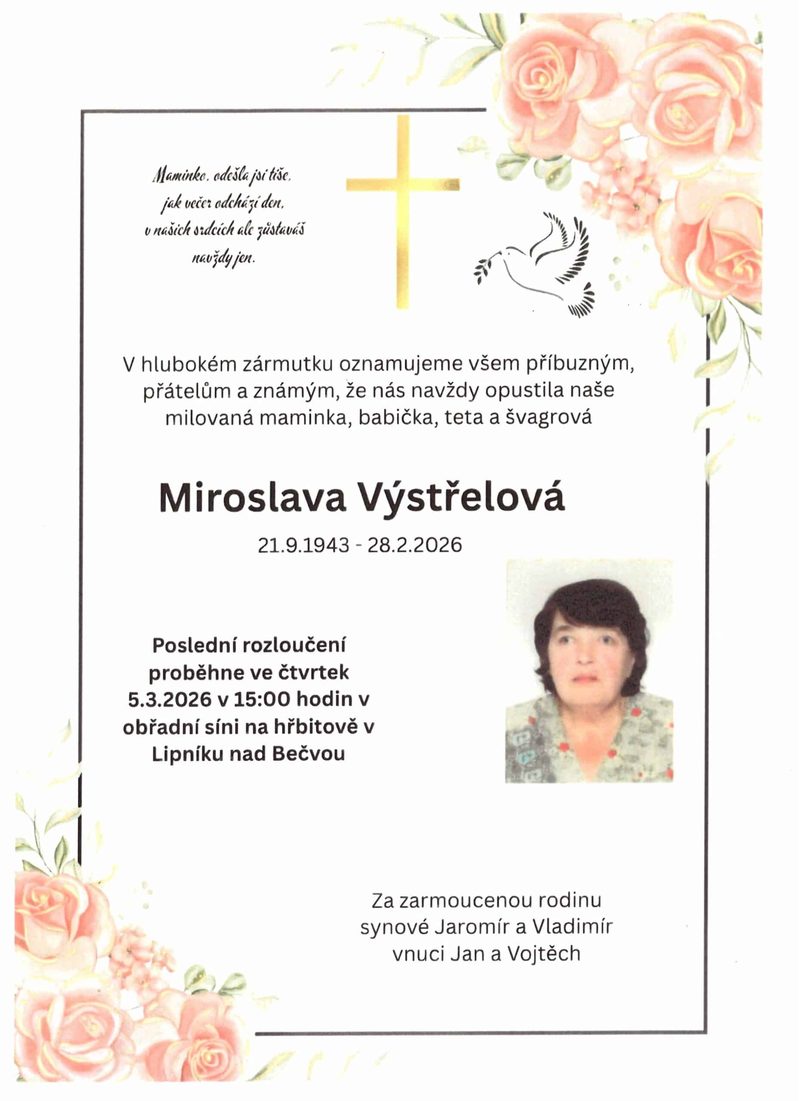 Smuteční oznámení – Miroslava Výstřelová