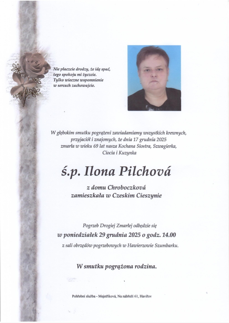Smuteční oznámení – .P. Pilchova Ilona