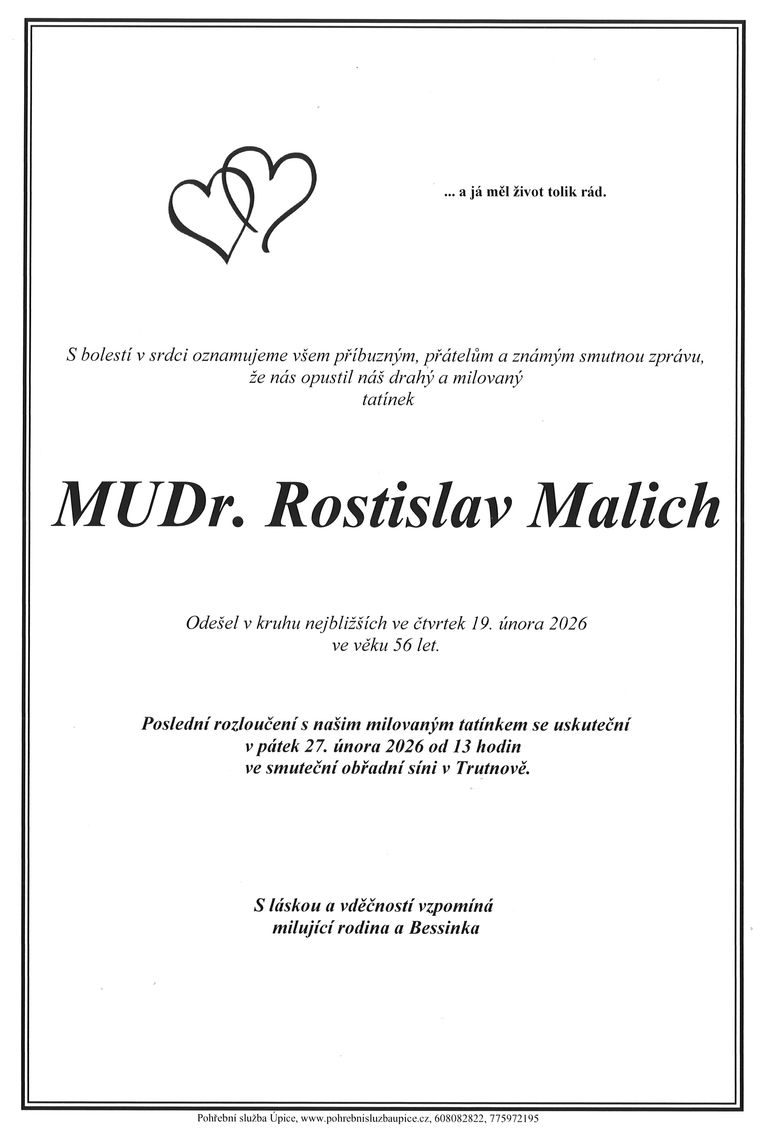 Smuteční oznámení – MUDr. Rostislav Malich