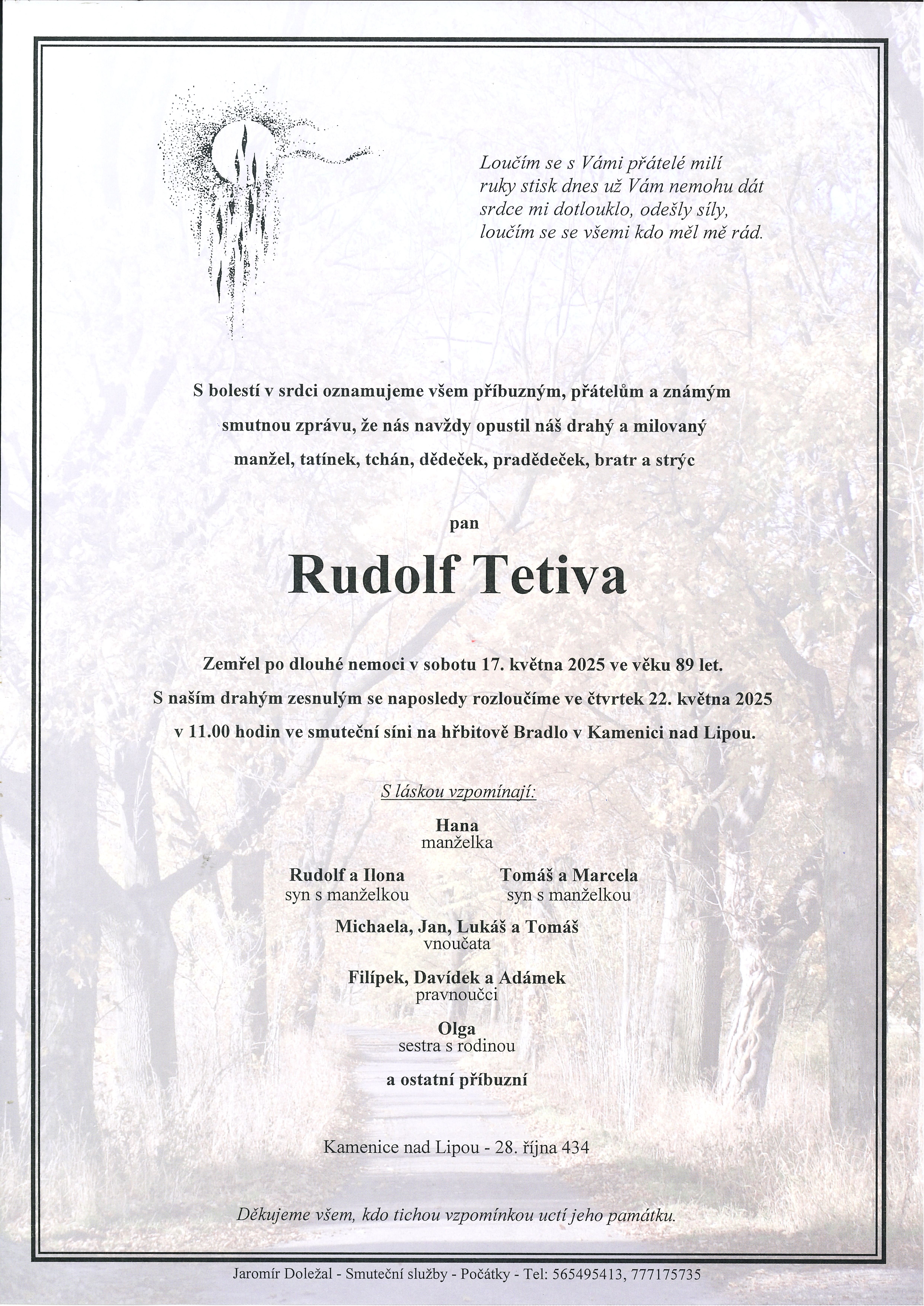 Smuteční oznámení – Rudolf Tetiva