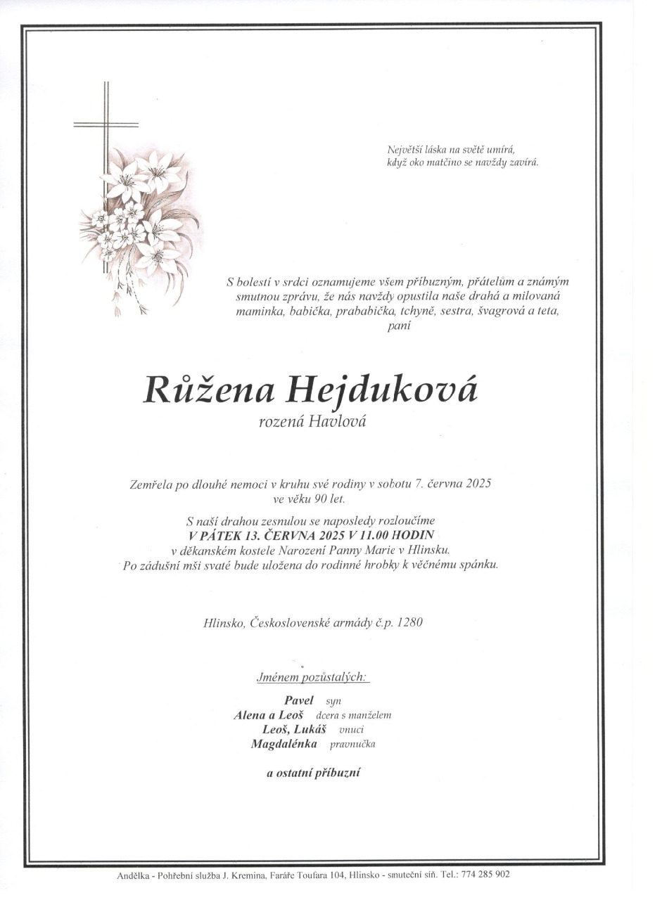Smuteční oznámení – Růžena Hejduková