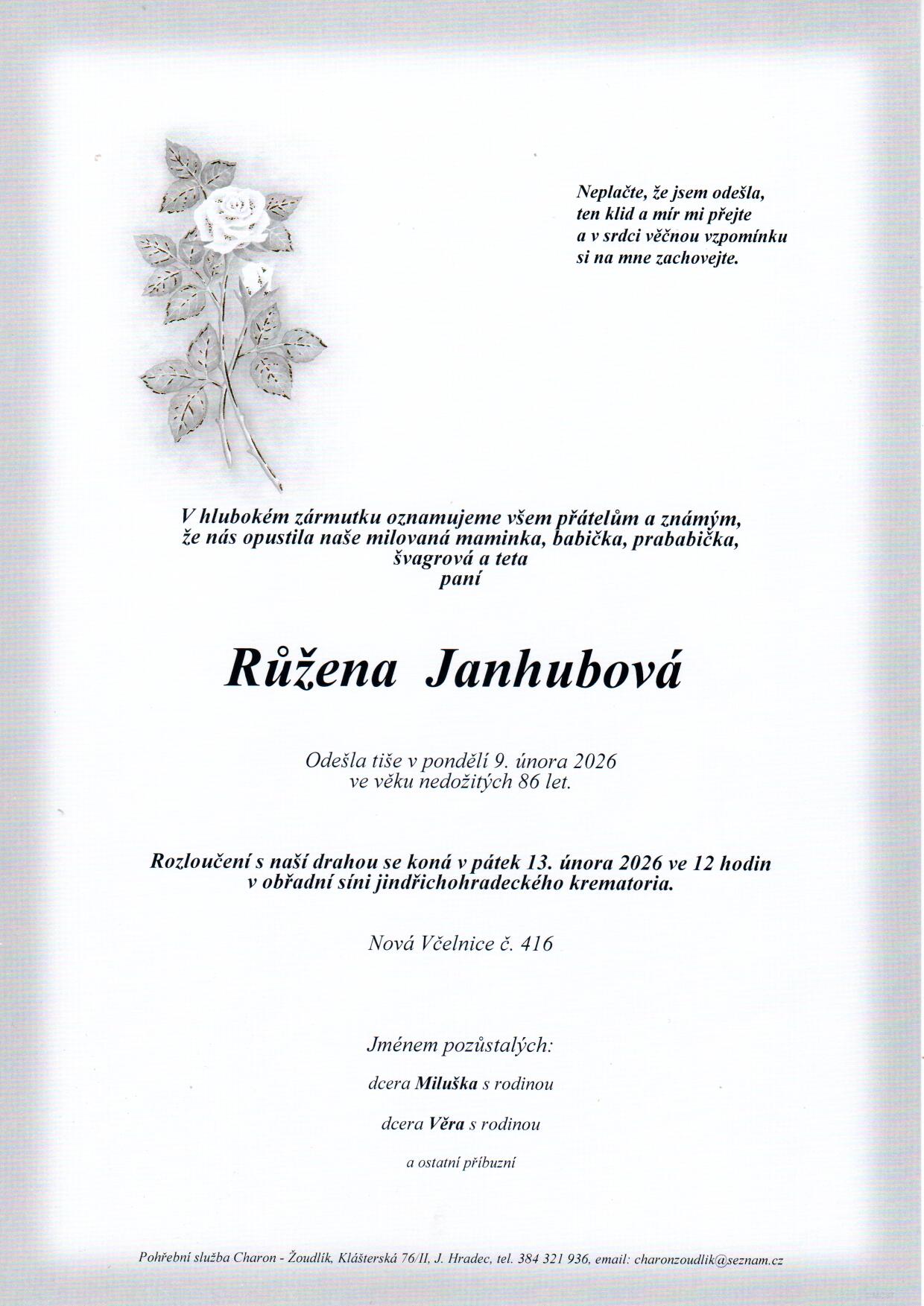 Smuteční oznámení – Růžena Janhubová
