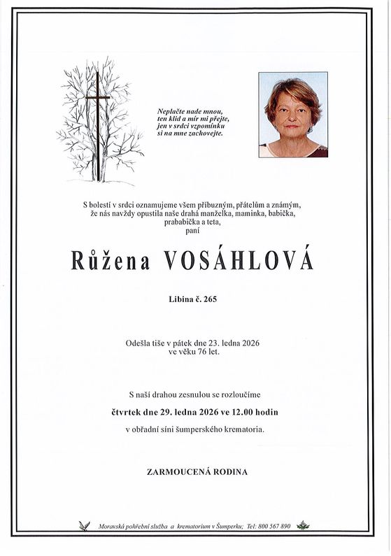 Smuteční oznámení – Růžena Vosáhlová