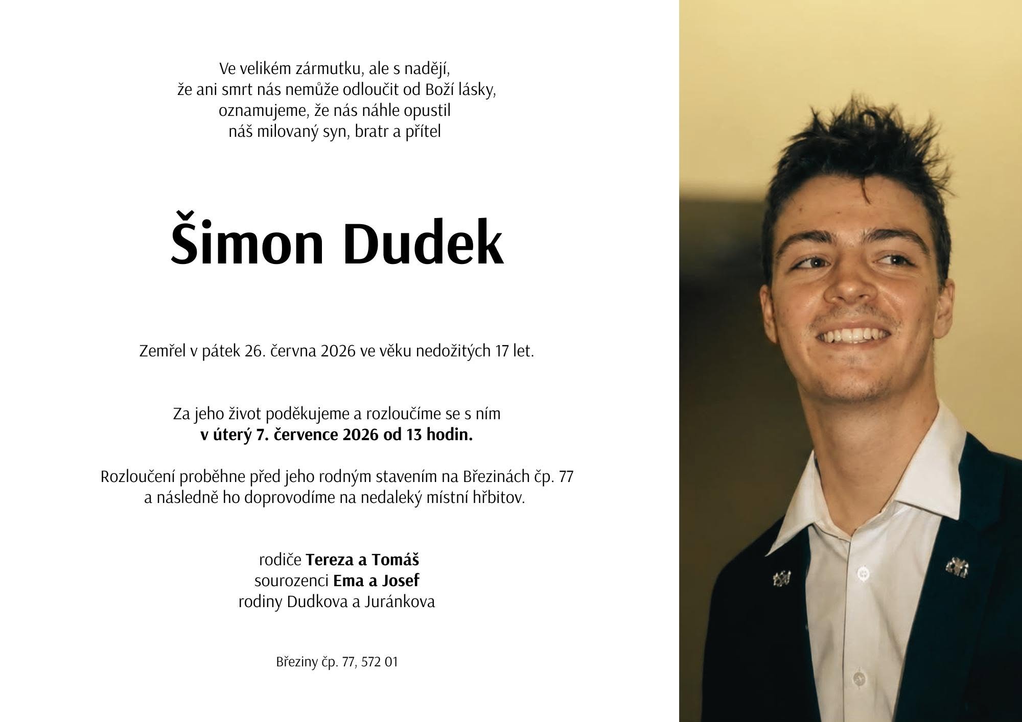 Smuteční oznámení – Šimon Dudek