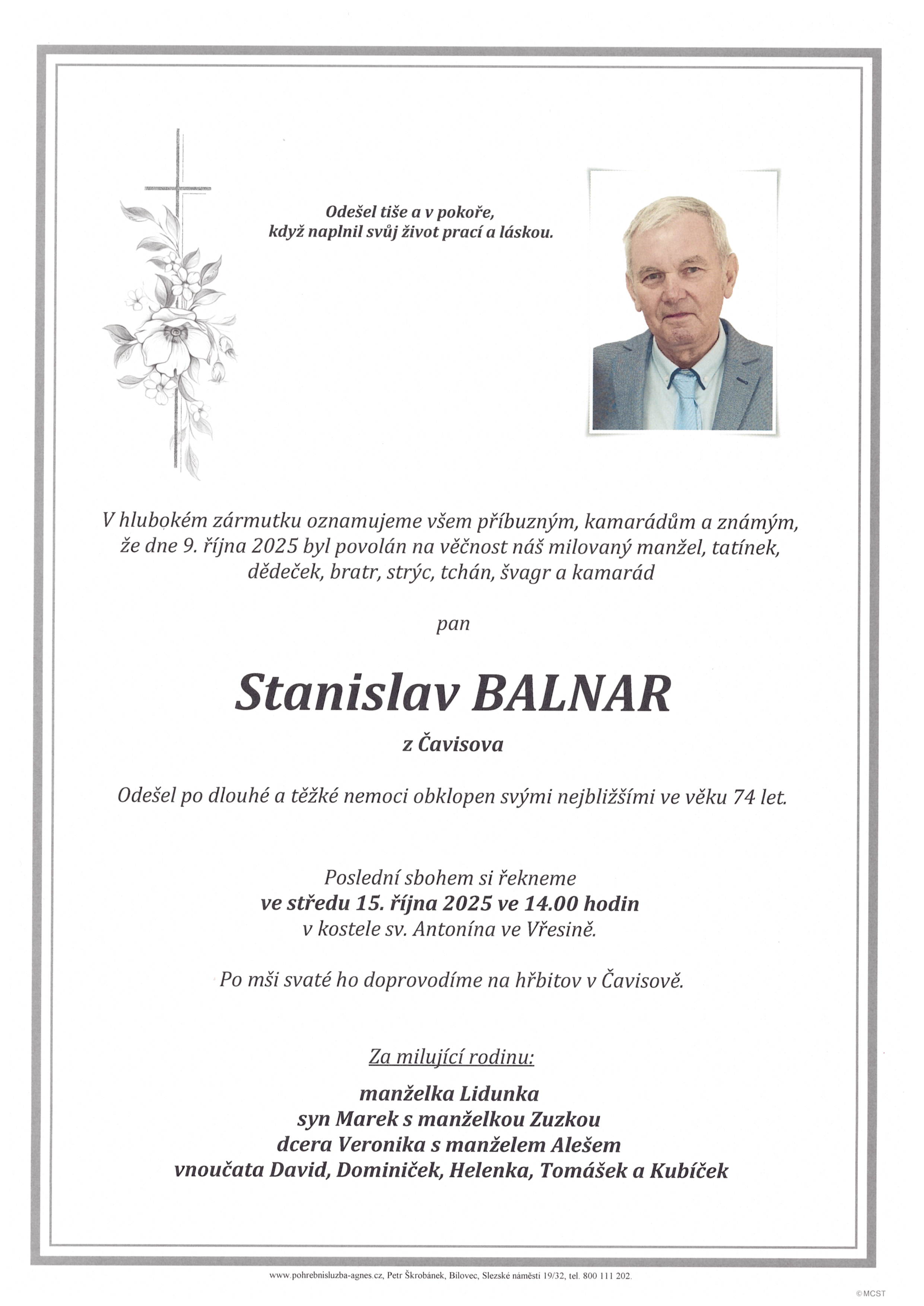 Smuteční oznámení – Stanislav Balnar