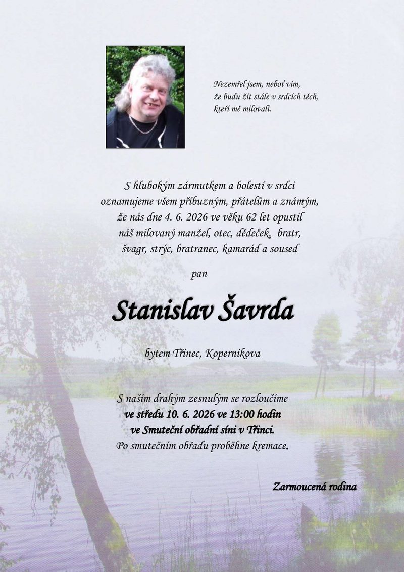 Smuteční oznámení – Stanislav Šavrda