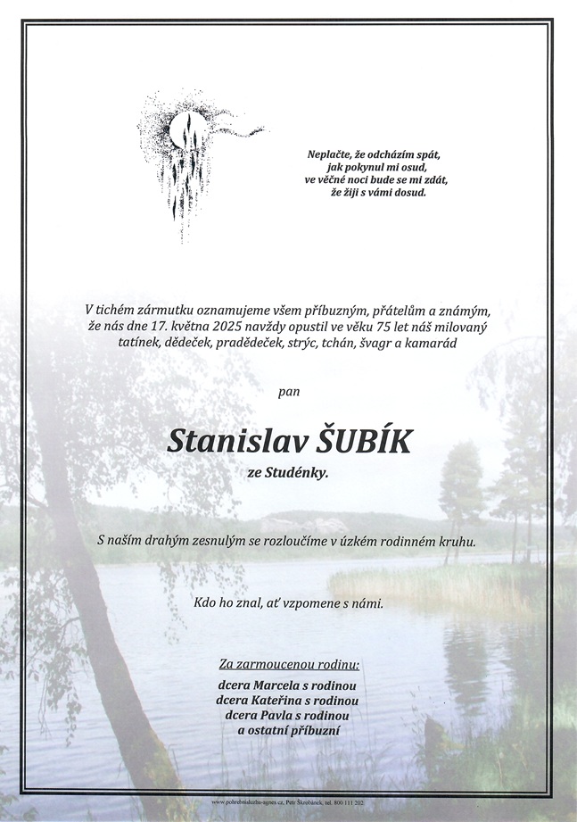 Smuteční oznámení – Stanislav Šubík