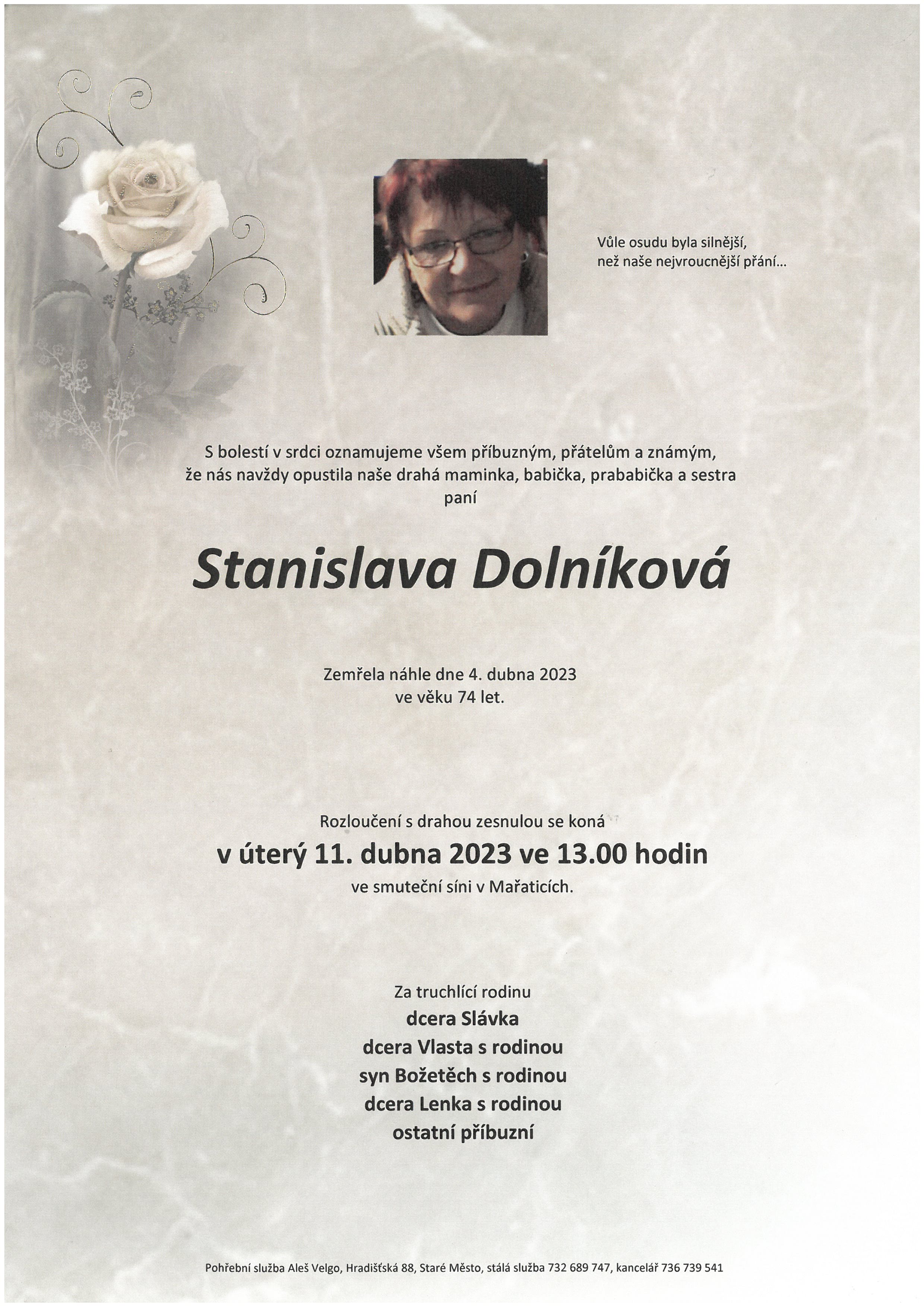 Smuteční oznámení – Stanislava Dolníková